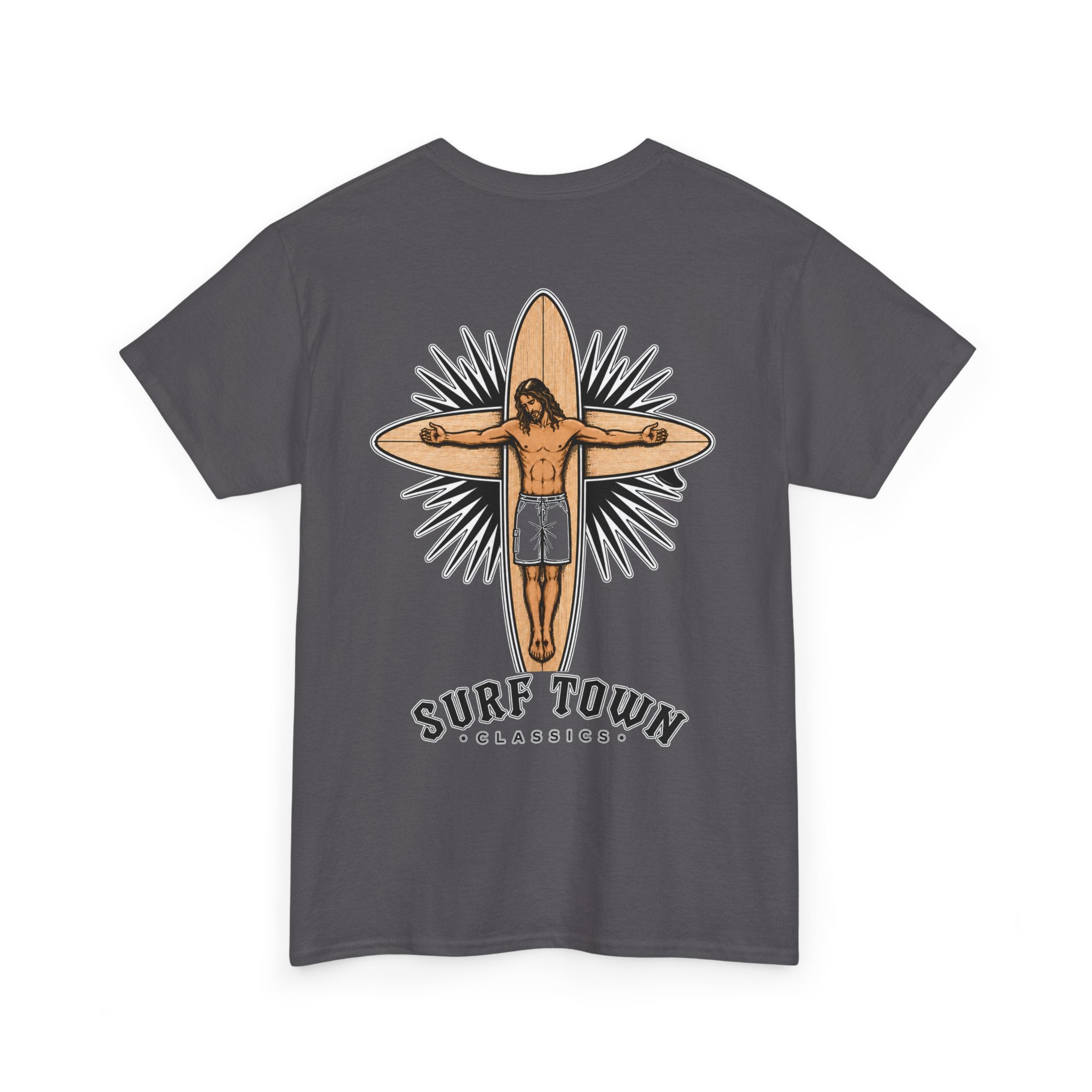 The Religion of Surfing -Surf Town Classics Tee — Surfboard Jesus Design T-Shirt