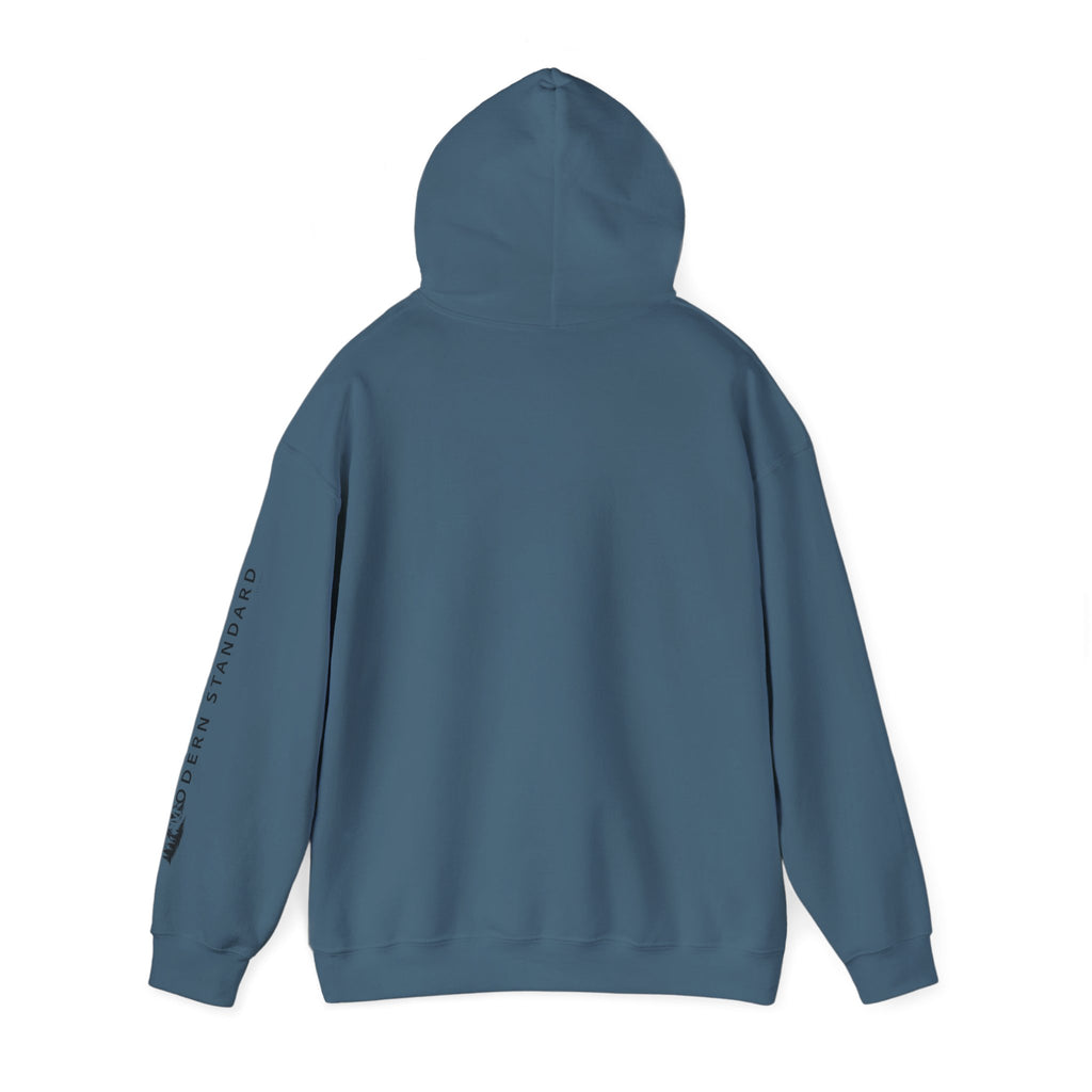 Modern Standard MS Logo Hoodie — Minimal White Pullover with Sleeve Graphic