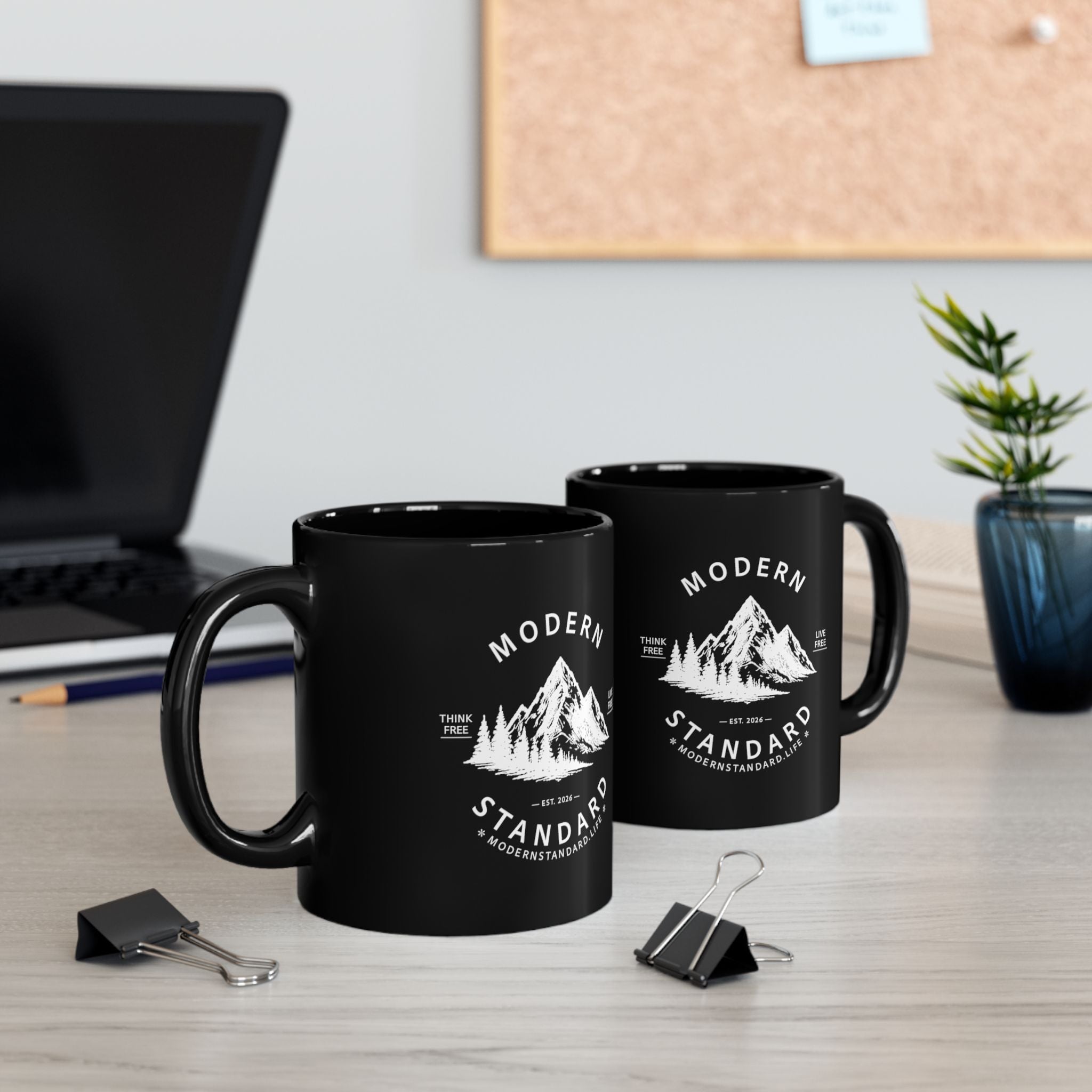 Modern Standard Mountain Black Mug — 'Live Free, Think Free' Coffee Cup (11oz/15oz)