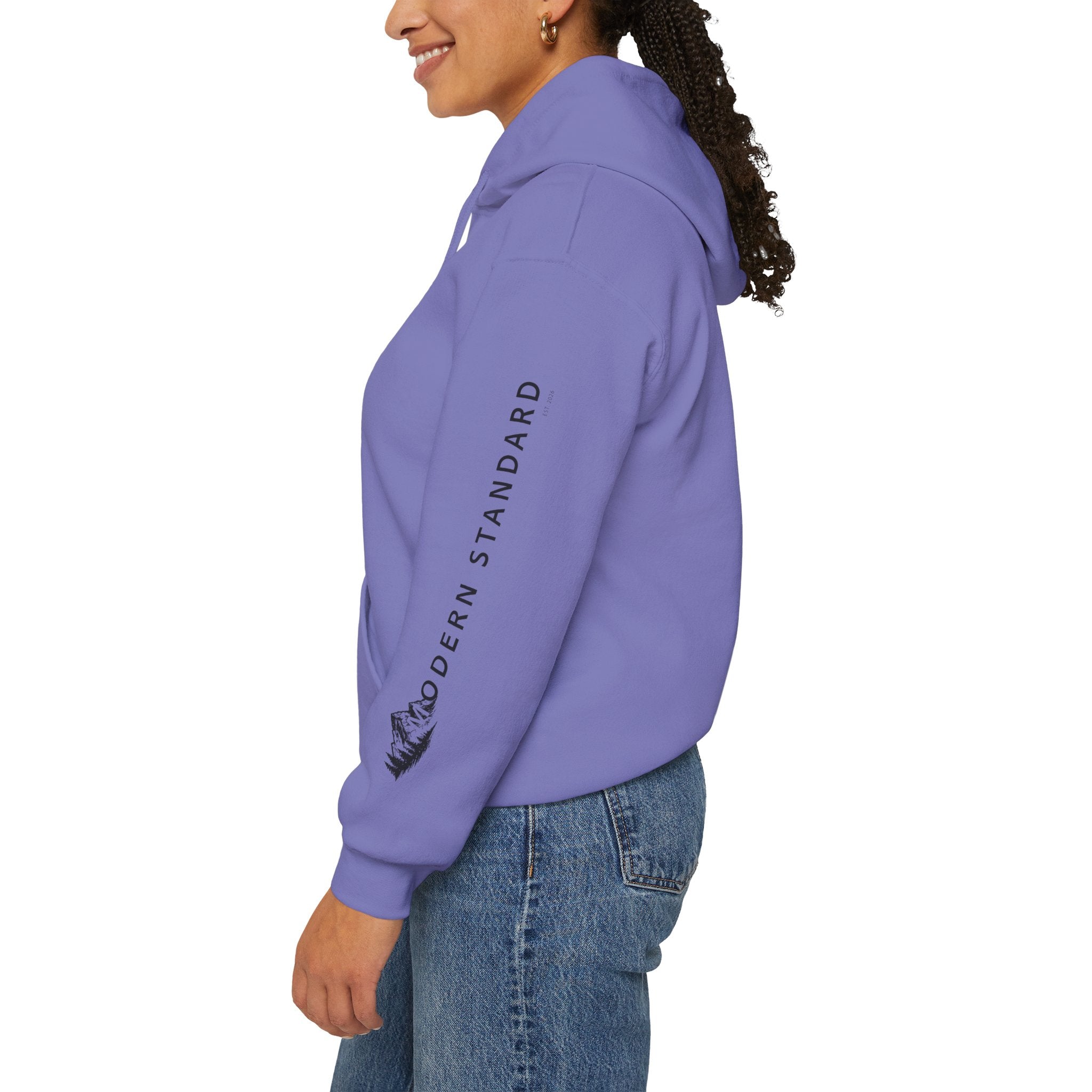 Modern Standard MS Logo Hoodie — Minimal White Pullover with Sleeve Graphic