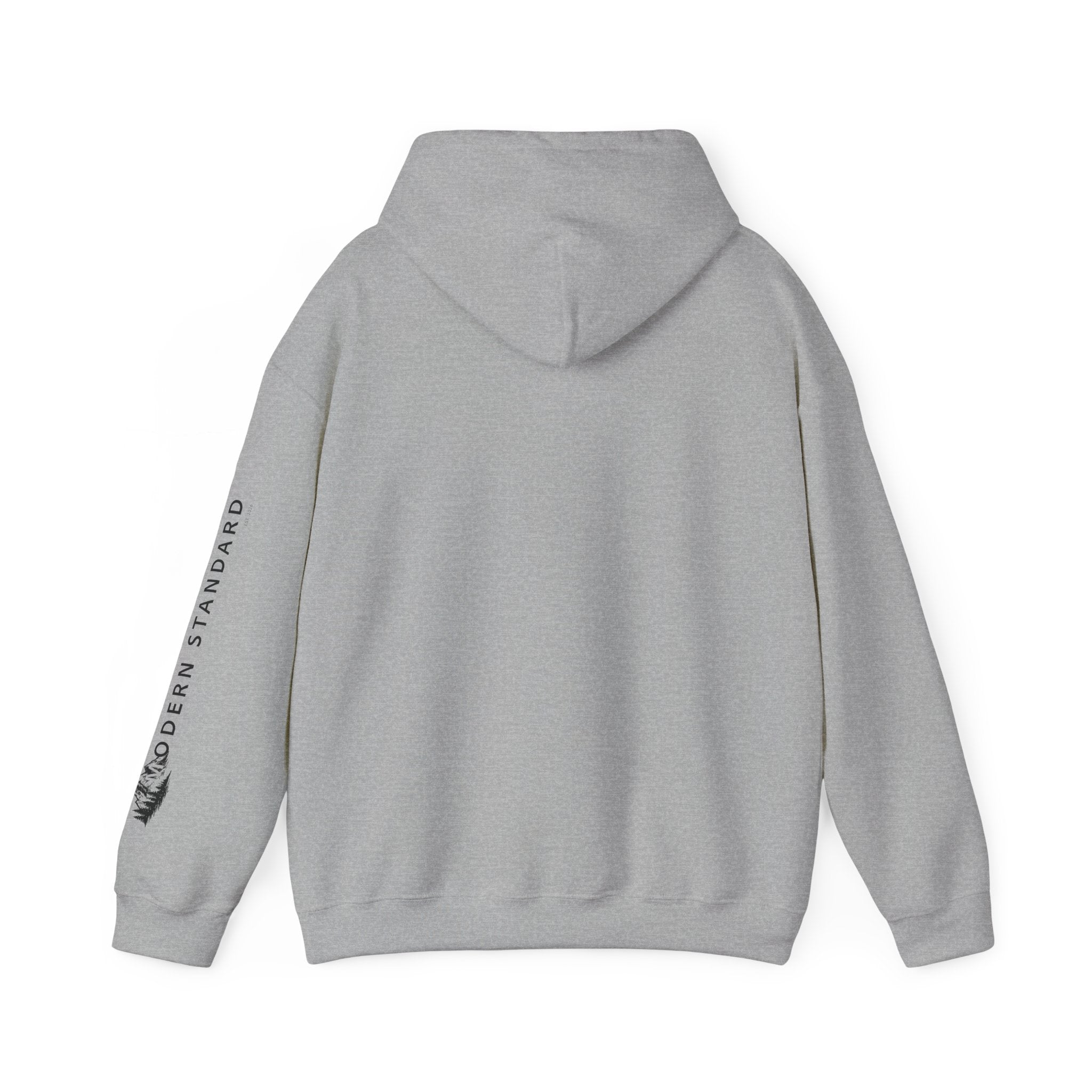 Modern Standard MS Logo Hoodie — Minimal White Pullover with Sleeve Graphic