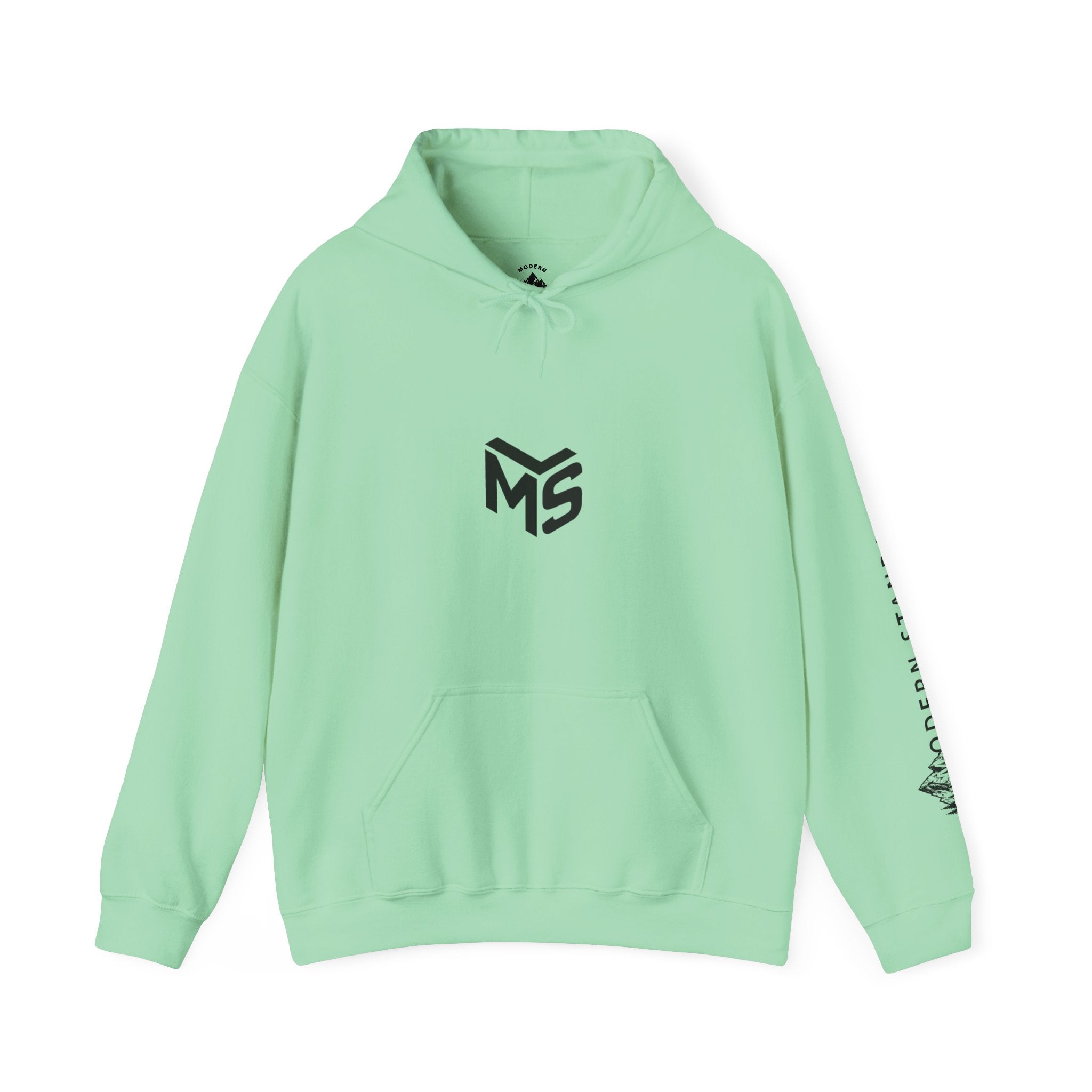 Modern Standard MS Logo Hoodie — Minimal White Pullover with Sleeve Graphic