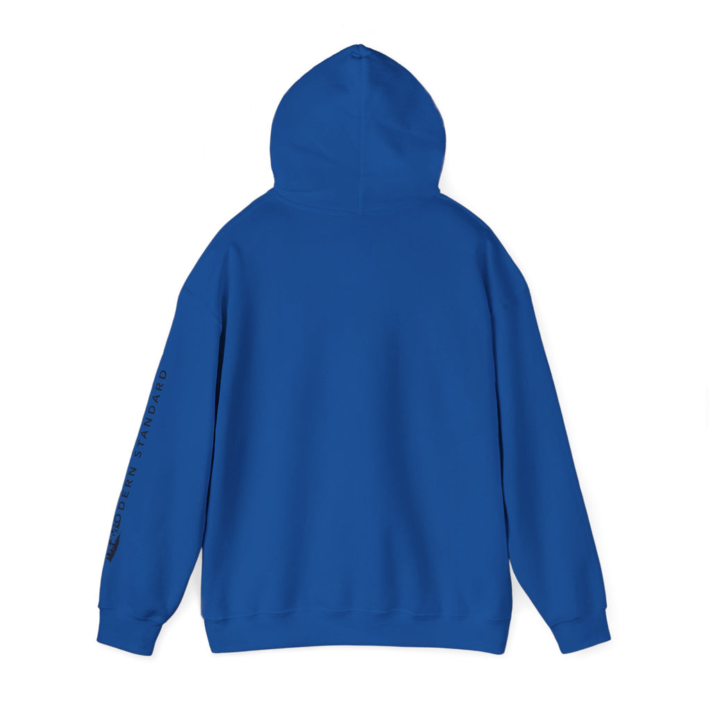 Modern Standard MS Logo Hoodie — Minimal White Pullover with Sleeve Graphic