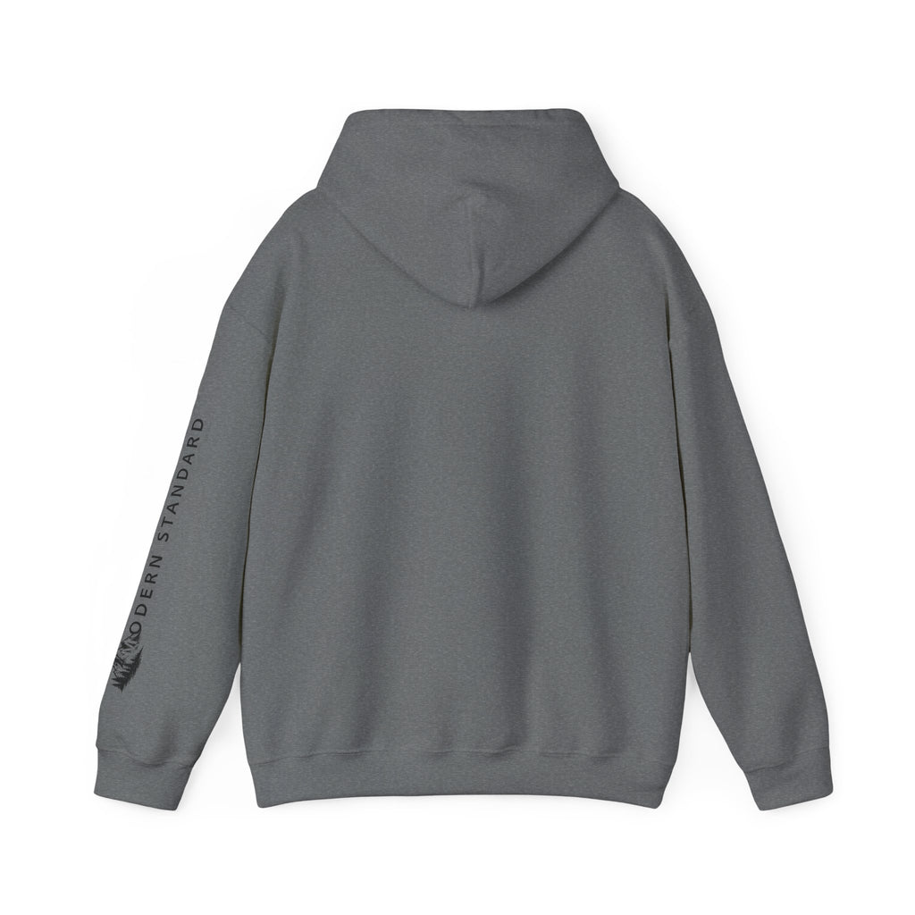 Modern Standard MS Logo Hoodie — Minimal White Pullover with Sleeve Graphic