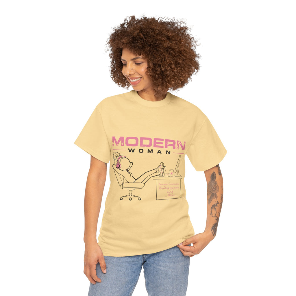 Modern Woman Tee — Feminine Graphic Cotton T‑Shirt ("Modern Woman" Desk Illustration)