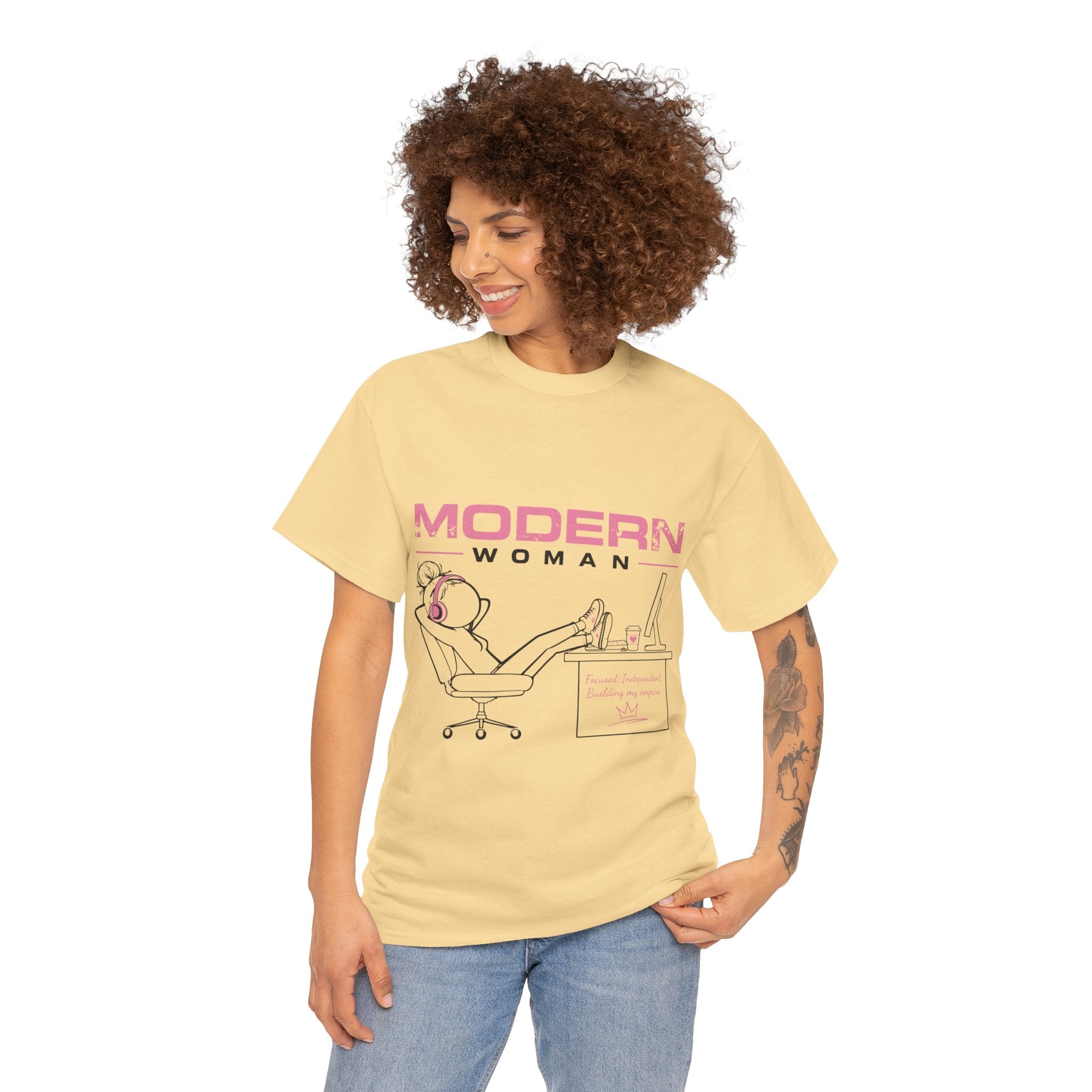 Modern Woman Tee — Feminine Graphic Cotton T‑Shirt ("Modern Woman" Desk Illustration)