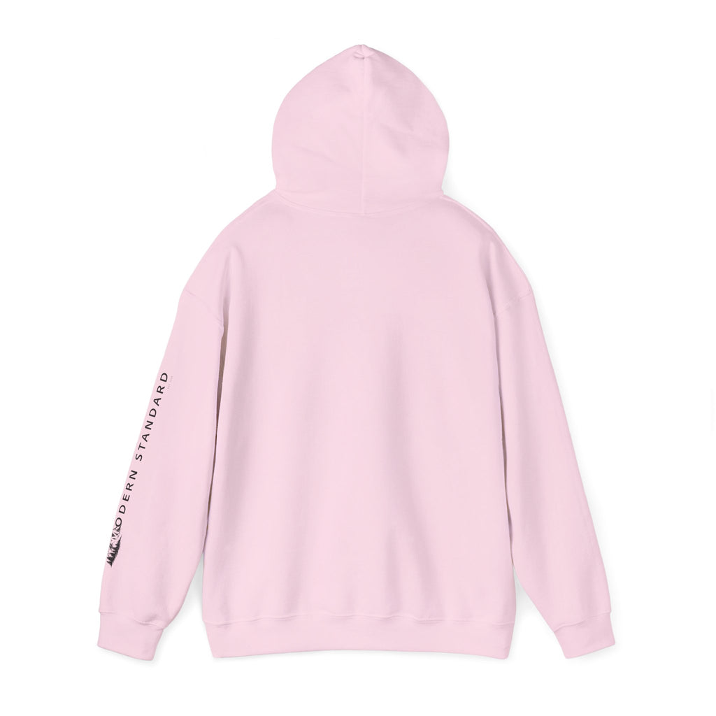 Modern Standard MS Logo Hoodie — Minimal White Pullover with Sleeve Graphic