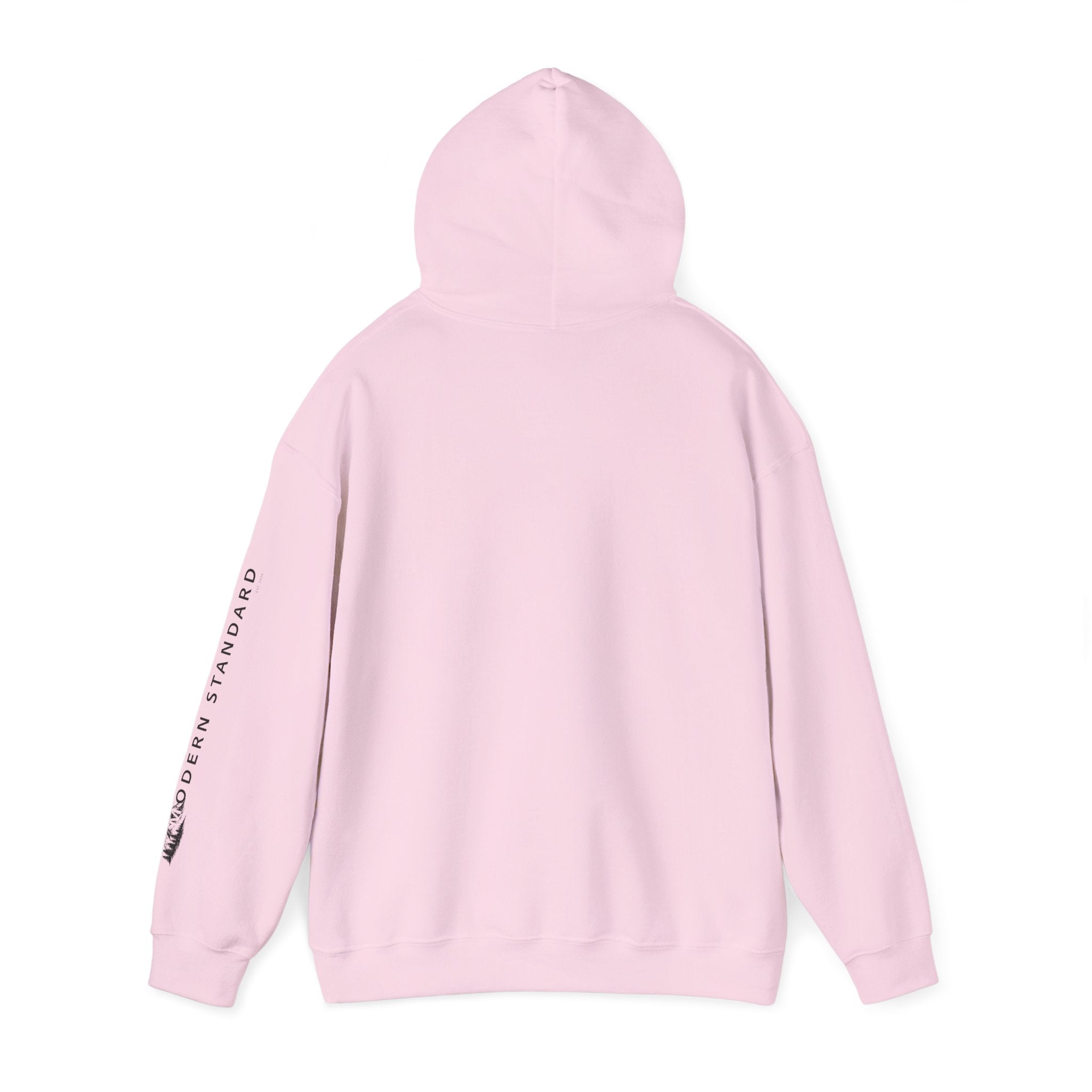 Modern Standard MS Logo Hoodie — Minimal White Pullover with Sleeve Graphic