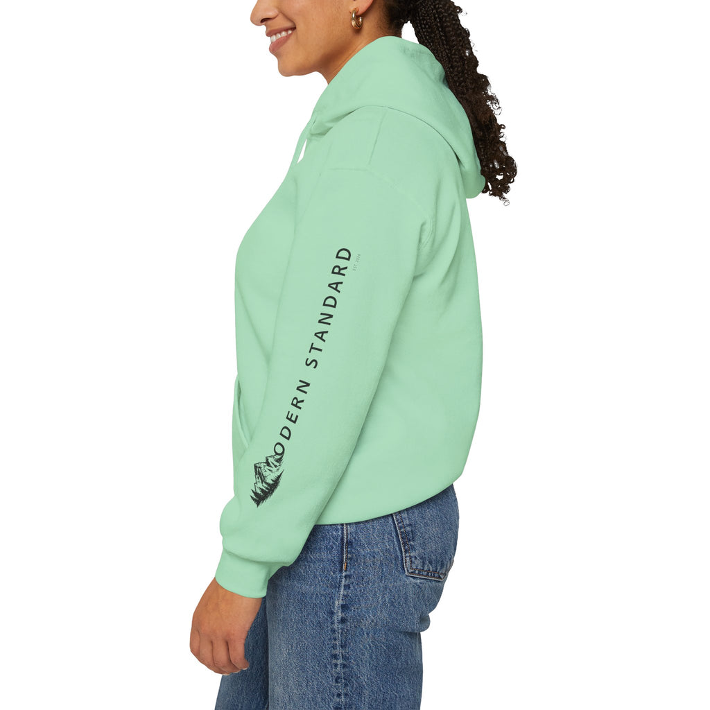 Modern Standard MS Logo Hoodie — Minimal White Pullover with Sleeve Graphic