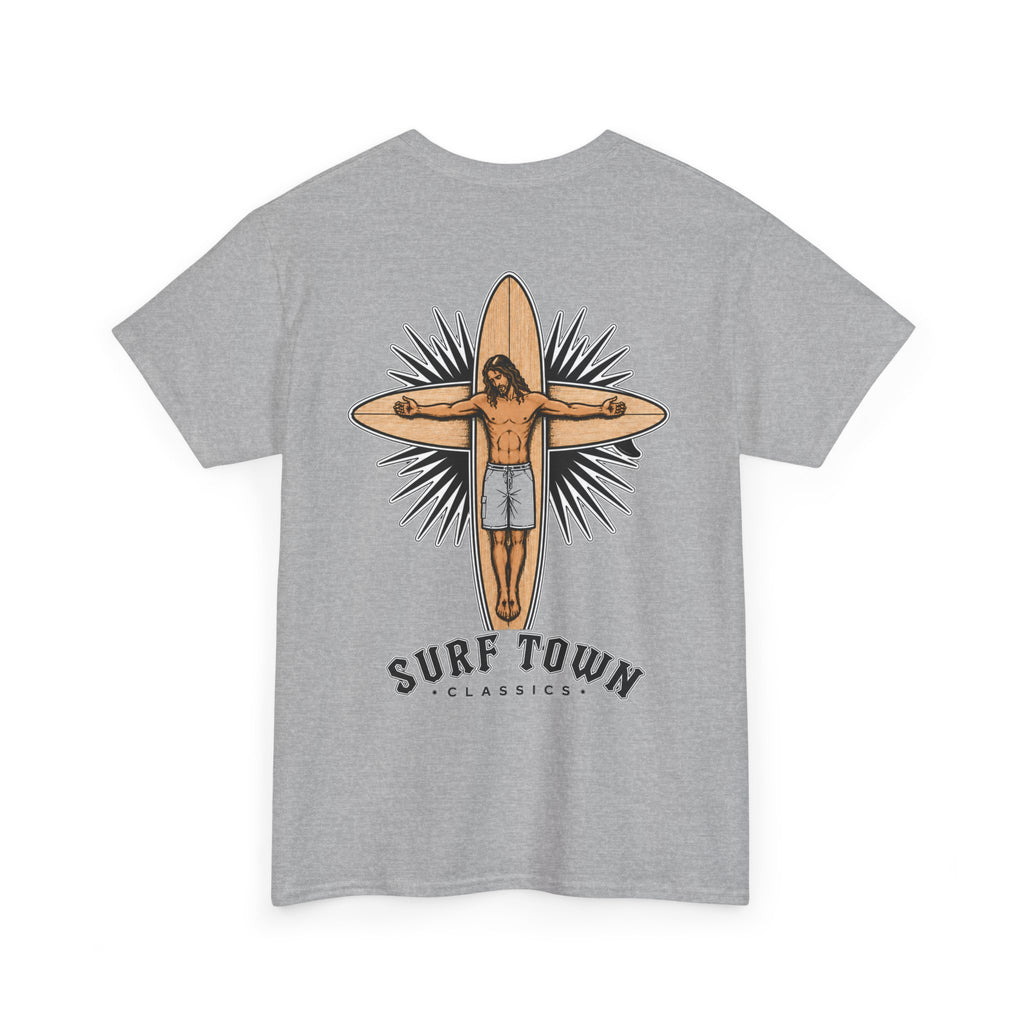 The Religion of Surfing -Surf Town Classics Tee — Surfboard Jesus Design T-Shirt