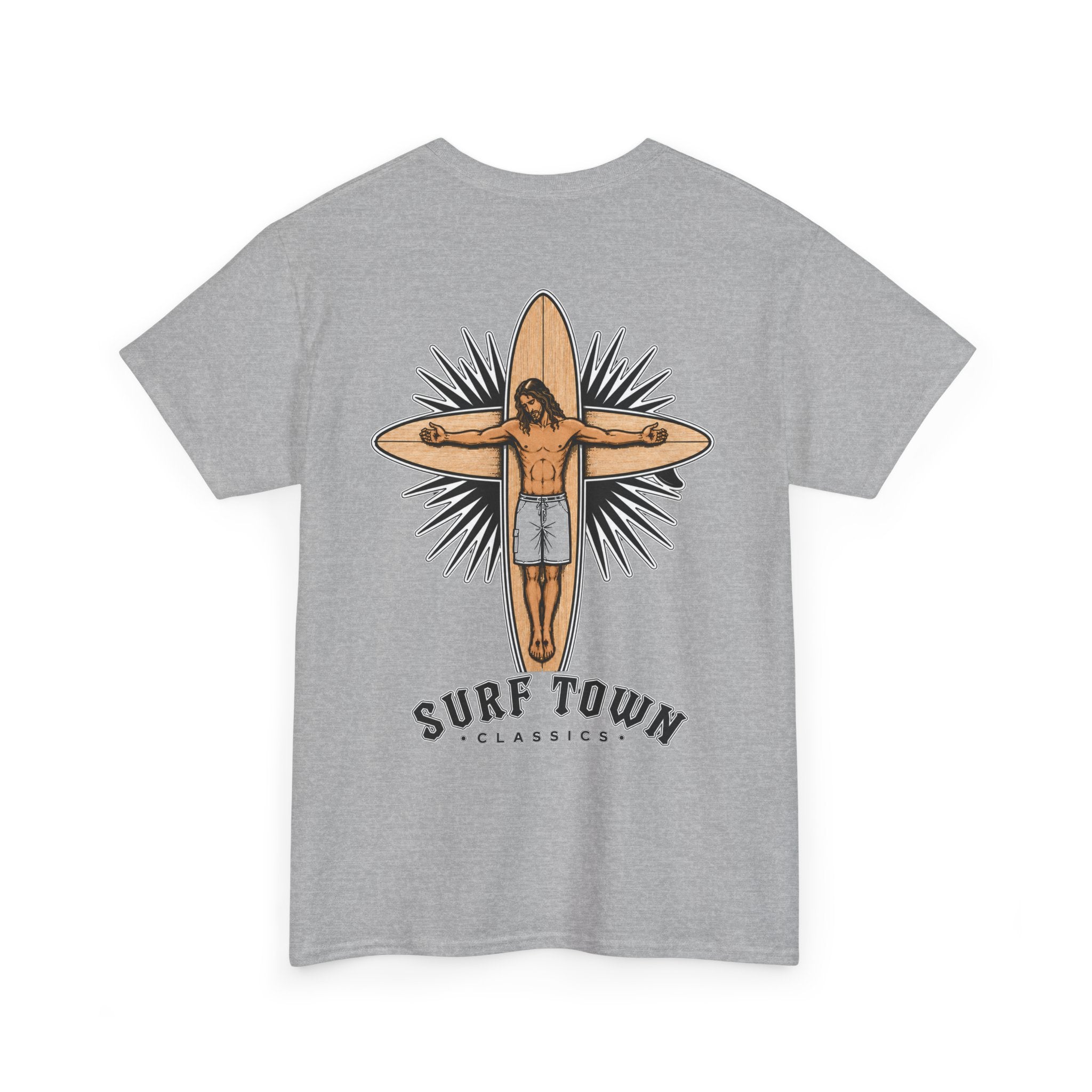 The Religion of Surfing -Surf Town Classics Tee — Surfboard Jesus Design T-Shirt