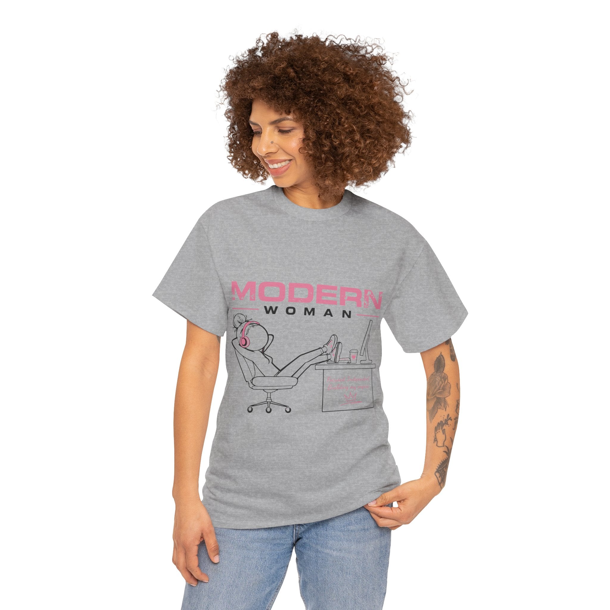 Modern Woman Tee — Feminine Graphic Cotton T‑Shirt ("Modern Woman" Desk Illustration)