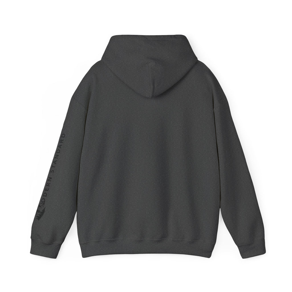 Modern Standard MS Logo Hoodie — Minimal White Pullover with Sleeve Graphic