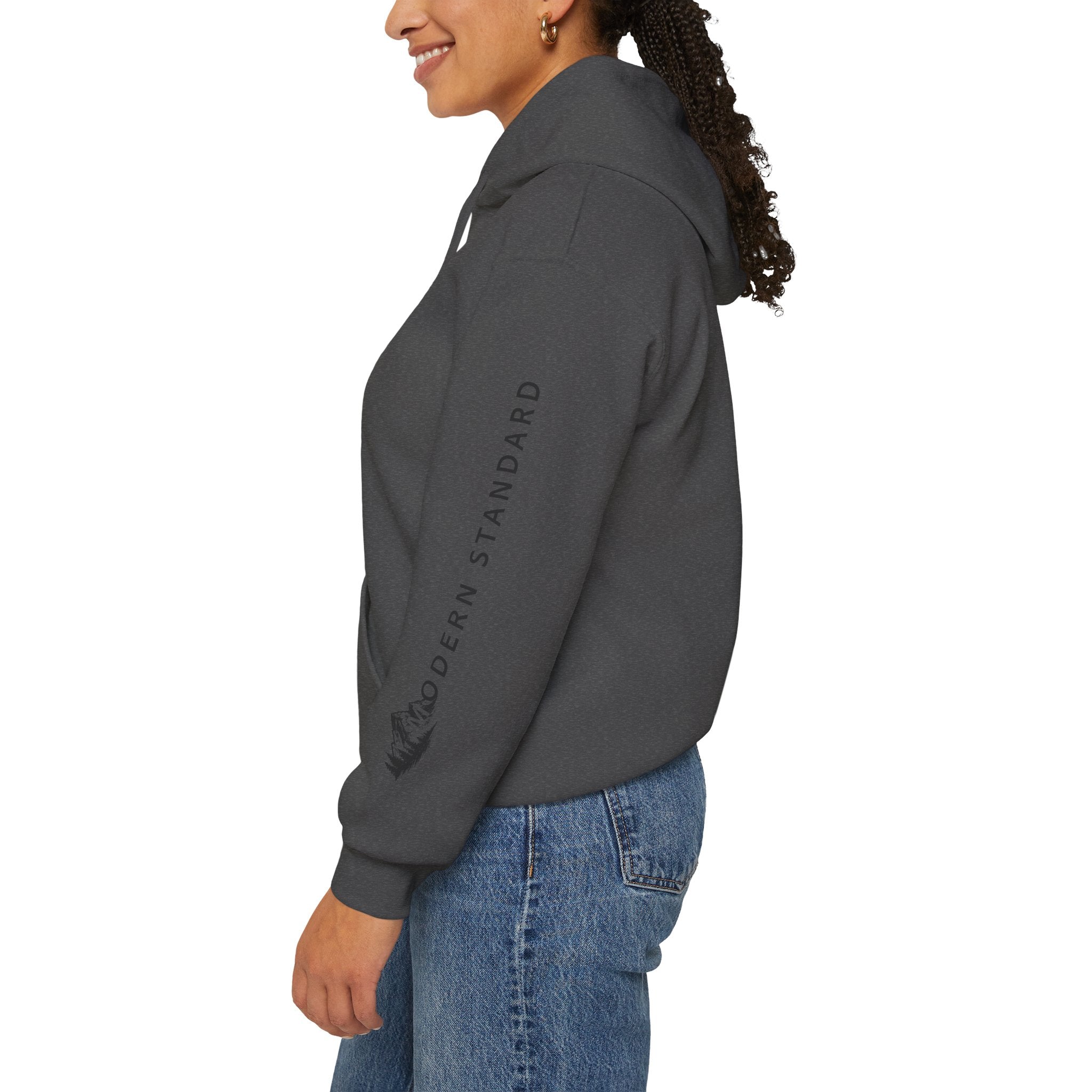 Modern Standard MS Logo Hoodie — Minimal White Pullover with Sleeve Graphic