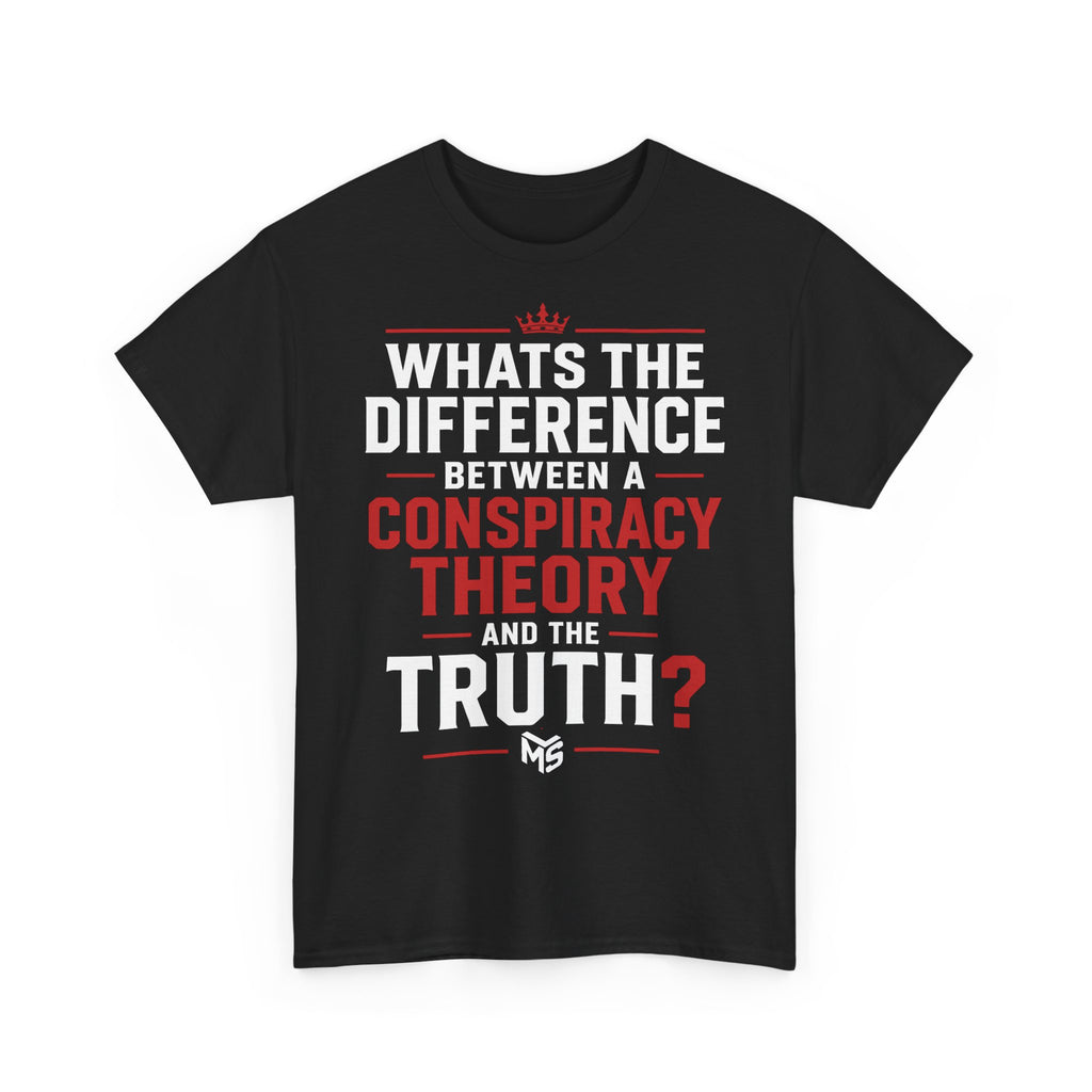 Conspiracy Theory Tee — Vintage Red Text Graphic T-Shirt (Back: “6 Months.”)