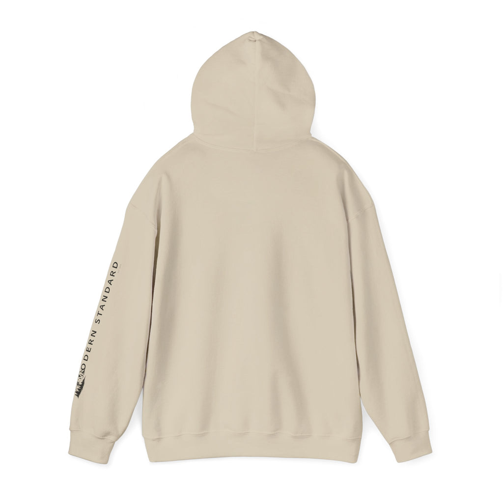 Modern Standard MS Logo Hoodie — Minimal White Pullover with Sleeve Graphic