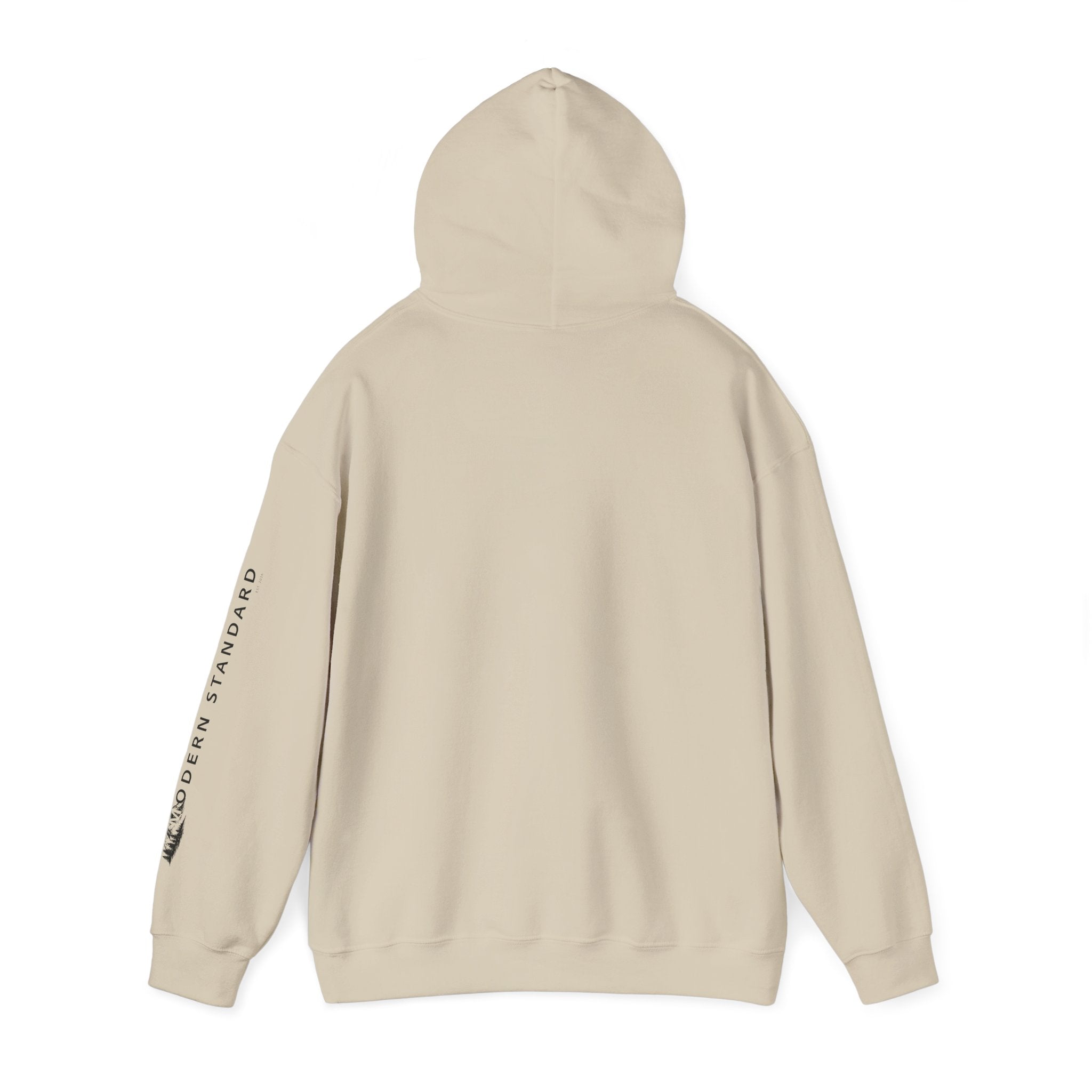 Modern Standard MS Logo Hoodie — Minimal White Pullover with Sleeve Graphic