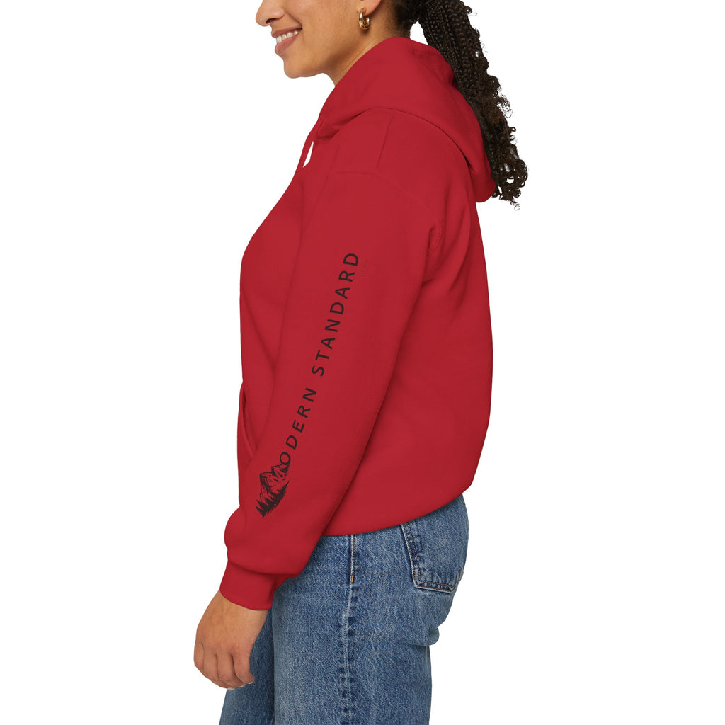 Modern Standard MS Logo Hoodie — Minimal White Pullover with Sleeve Graphic